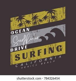 Ilustración vectorial sobre el tema del surf y el surf en California, playa de Venecia. Diseño de época.Borde fondo. Tipografía deportiva, gráficos en pantalones, impresión, afiche, pancarta, volante, postal