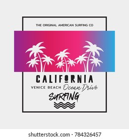 Vector illustration on the theme of surfing and surf in California, Venice beach. Typography, t-shirt graphics, print, poster, banner, flyer, postcard