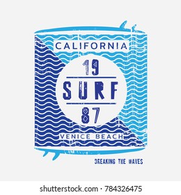 Vector illustration on the theme of surfing and surf in California, Venice beach. Vintage design. Grunge background. Sport typography, t-shirt graphics, print, poster, banner, flyer, postcard