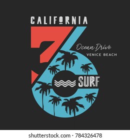 Vector illustration on the theme of surfing and surf in California, Venice beach. Number sport typography, t-shirt graphics, print, poster, banner, flyer, postcard
