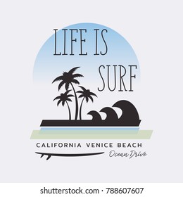 Vector illustration on the theme of surfing and surf in California, Venice beach. Typography, t-shirt graphics, print, poster, banner, flyer, postcard