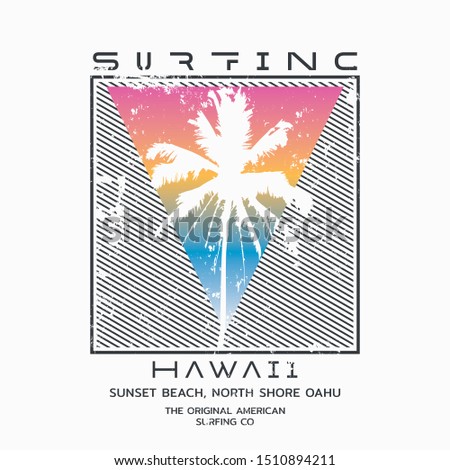 Vector illustration on the theme of surfing and surf in Hawaii. Vintage design. Grunge background.  