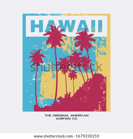 Vector illustration on the theme of surfing and surf in Hawaii. Vintage design. Grunge background.  Sport typography, t-shirt graphics, print, poster, banner, flyer, postcard