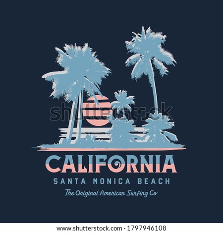 Vector illustration on the theme of surfing and surf in California. Sport typography, t-shirt graphics, print, poster, banner, flyer, postcard