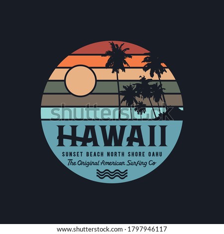 Vector illustration on the theme of surfing and surf in Hawaii. Stamp typography, t-shirt graphics, print, poster, banner, flyer, postcard