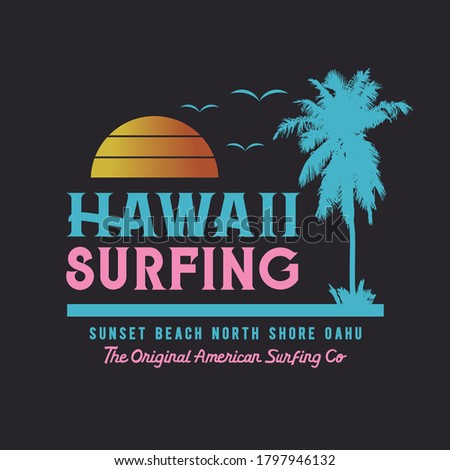 Vector illustration on the theme of surfing and surf in Hawaii. Vintage design. Sport typography, t-shirt graphics, print, poster, banner, flyer, postcard