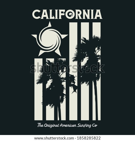 Vector illustration on the theme of surfing and surf in California. Sport typography, t-shirt graphics, print, poster, banner, flyer, postcard