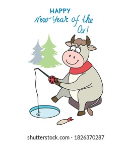 Vector illustration on the theme of the symbol of the new 2021 year of the Ox. Greeting card. Happy New Year