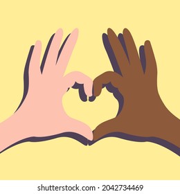 vector illustration on the theme of tolerance, loyalty to people of a different race.two hands of a treasury skin color, folded in the shape of a heart. 