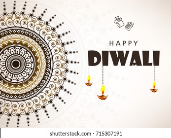 Vector illustration on the theme of the traditional celebration of happy deepawali. light and fire festival with Creative floral frame and Traditional Diya / illuminated lamp with text happy diwali 