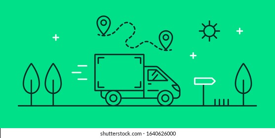 Vector illustration on the theme of transport, cargo transportation, relocation, delivery and logistics with a small truck. Linear image of a cargo van route. Icon for trucking industry.