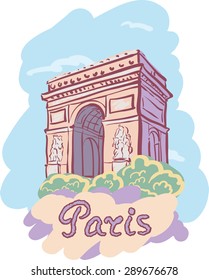 Vector illustration on the theme of a trip to Paris with the inscription and splashes. Architecture of France.