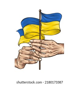 Vector Illustration on the theme ukraine Independence Day. Hands with ukraine flags. Vector of the national flag of ukraine