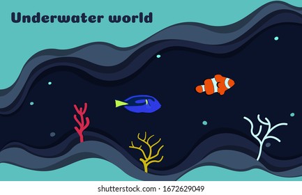 Ilustración vectorial sobre el tema del mundo subacuático. En un fondo azul oscuro, peces payaso y peces cirujanos azules, dori. En el estilo del arte del papel, pancarta, redes sociales, sitio web.