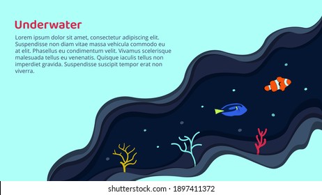 Vector illustration on the theme of the underwater world. On a dark blue background, a clown fish and a blue surgeonfish, dory. Design web banner template in paper art style. Copy space.