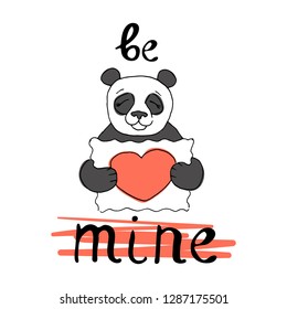 Vector illustration on the theme of Valentine's Day with heart,   lettering and cute panda  in coral and black colors on a white background. Great for gift tags and greeting cards