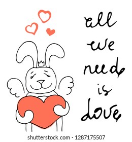 Vector illustration on the theme of Valentine's Day with hearts,   lettering and cute bunny in coral and black colors on a white background. Great for gift tags and greeting cards