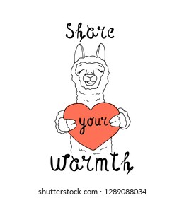 Vector illustration on the theme of Valentine's Day with heart,   lettering and cute alpaca  in coral and black colors on a white background. Great for gift tags and greeting cards