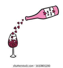 Vector illustration on the theme of Valentine's Day. A bottle of champagne and a glass and many pink and red hearts. Element for design on a white background. Love and drink cartoon image.