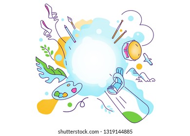Vector illustration on the theme of various interests, hobbies, passions of people. Sport, art, ballet, skateboarding, mountains, linear art, flat style, abstract composition.