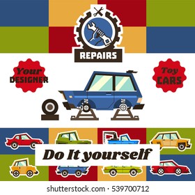 Vector illustration on the theme of vehicle repair and assembly for the child. Designed for packing a toy. The machine with the wheels removed. One can see the chassis of transport. 