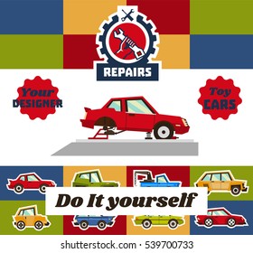 Vector illustration on the theme of vehicle repair and assembly for the child. Designed for packing a toy. The car with the removed wheel. One can see the chassis of transport. Inspection pit