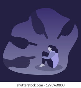 vector illustration on the theme of victiblaming, bullying, shaming. the girl sits, hugging her knees, many large hands pointing at her with a finger. trend illustration in flat style