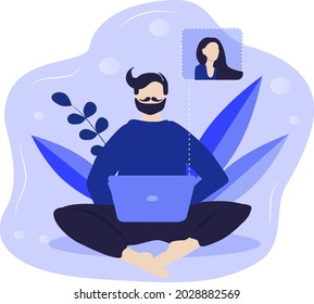 vector illustration on the theme of video calls, online dating, internet communication.  man's character with laptop calls the girl. trend illustration in flat style