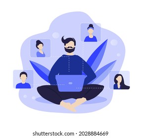 vector illustration on the theme of video calls, online conference, internet communication.  man's character makes video calls to several women. trend illustration in flat style
