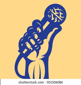 Vector illustration on the theme of vocals with microphone and hand