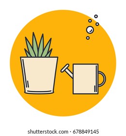 Vector illustration on a theme of watering. Pot with plant and watering can