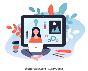 vector illustration on the theme of web design, the work of the designer. woman character with laptop and computer. online work, education, learning. trend illustration in flat style