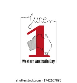 Vector illustration on the theme of Western Australia Day. June 1. Decorated with a handwritten inscription – JUNE and linear map of Australia.