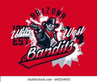 Vector illustration on a theme of the wild west, cowboy shooting from a revolver, bandit, criminal. Grunge effect, text, inscription. Typography, T-shirt graphics, print, banner, poster, flyer.