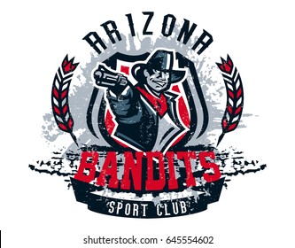Vector illustration on a theme of the wild west, cowboy shooting from a revolver, bandit, criminal. Grunge effect, text, inscription. Typography, T-shirt graphics, print, banner, poster, flyer.