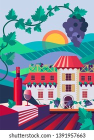 Vector illustration on the theme of winemaking and recreation in the village, with a picture of the summer landscape, village building. Handmade drawing vector illustration. Flat design. Poster. 