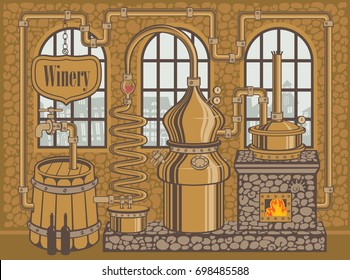 Vector illustration on the theme of the winery. Traditional winery plant for the production of wine in the old stone building in retro style