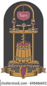Vector illustration on the theme of the winery. Traditional production of red wine using a press in a wooden barrel in retro style