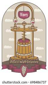 Vector illustration on the theme of the winery. Traditional production of red wine using a press in a wooden barrel in retro style on the background of sky with clouds