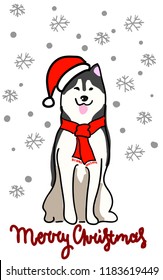 Vector illustration on a theme of winter, new year and christmas. Sled dog. Husky in the Santa Claus hat. Snow. Merry Christmas.