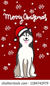 Vector illustration on a theme of winter, new year and christmas. Sled dog. Husky in the Santa Claus hat. Snow. Merry Christmas.