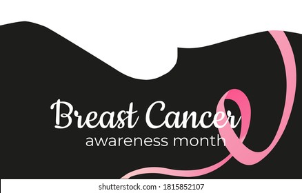 Vector illustration on the theme of women's health, dedicated to breast cancer screening. In white and black with pink ribon. With a silhouette of a woman's breast