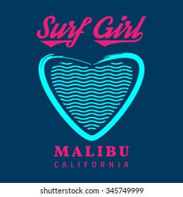 Vector illustration on the theme of women's surfing. Surf college girl typography, t-shirt graphics, poster, banner, flyer, postcard