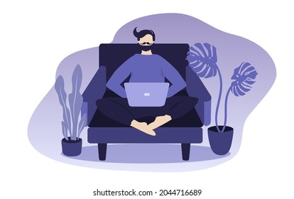 vector illustration on the theme of work from home, home office, work and study online. male character is sitting on a chair with a laptop. trend illustration in flat style