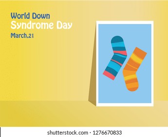 vector Illustration on the theme World Down Syndrome Day with different sock on yellow and blue background.World down syndrome day on March 21 