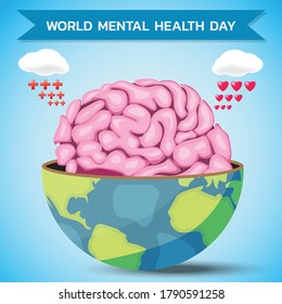 Vector Illustration on the theme World Mental Health Day; brain; care; awareness; emotional