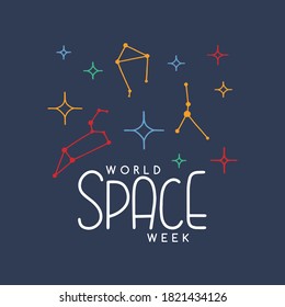 Vector illustration on the theme of World Space Week on October 4-10. Decorated with a Space icons, planets, constellations and lettering.