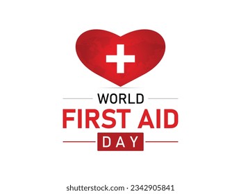 Vector illustration on the theme of World First Aid day observed each year on second Saturday of September. First aid box. Blood and heart design.