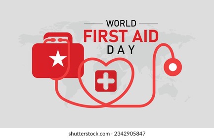 Vector illustration on the theme of World First Aid day observed each year on second Saturday of September. First aid box. Blood and heart design.
