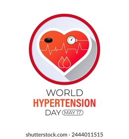 Ilustración vectorial sobre el tema del Día Mundial de la Hipertensión observada cada año 17 de mayo. La hipertensión muestra presión arterial alta. Cartel de banner, flyer y diseño de fondo.